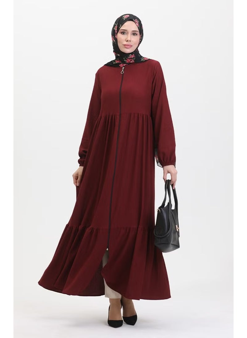 Sefa Merve عباءة مزخرفة بسحاب من قماش البيرومجوك 1018-09 أحمر قاني - Image 1